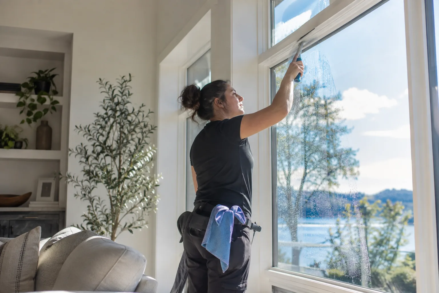 Window Cleaning in Alpine - NJ underway as a technician wipes tall exterior panes beside landscaping