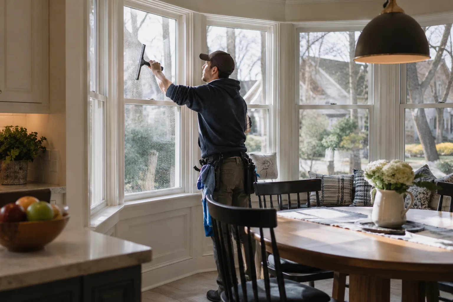 Window Cleaning in Englewood - NJ in progress as a technician details tall front-facing residential glass