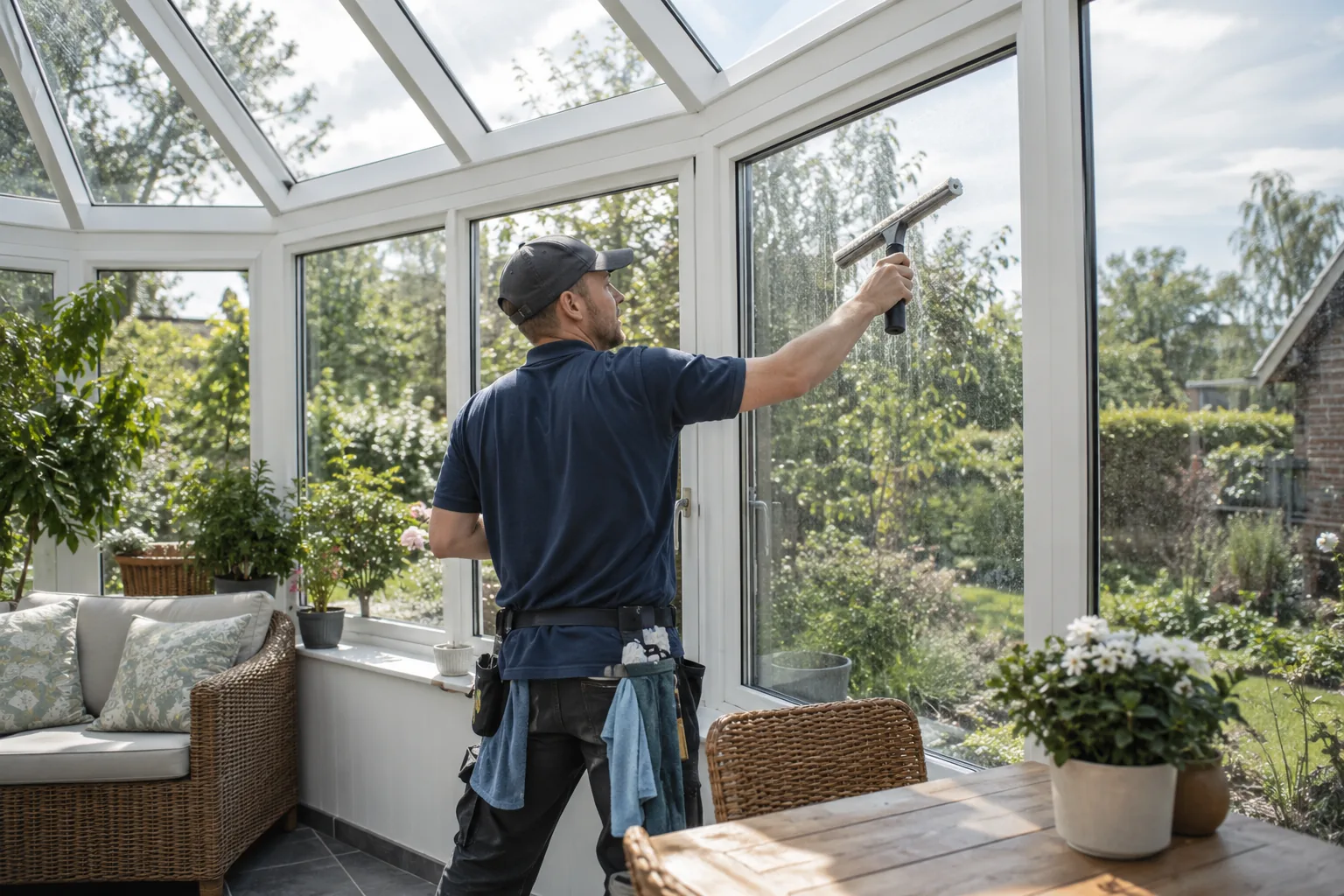 Specialist performing window cleaning on upper-story glass at an Englewood - NJ home exterior