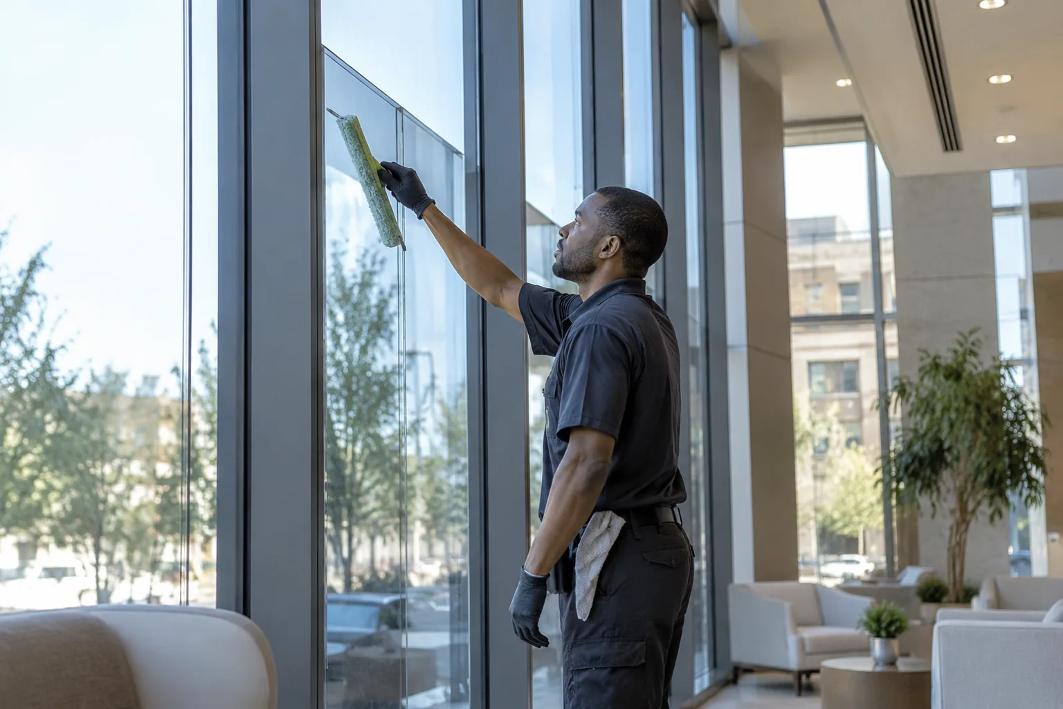 Specialist performing window cleaning on upper-story glass at an Englewood - NJ home exterior
