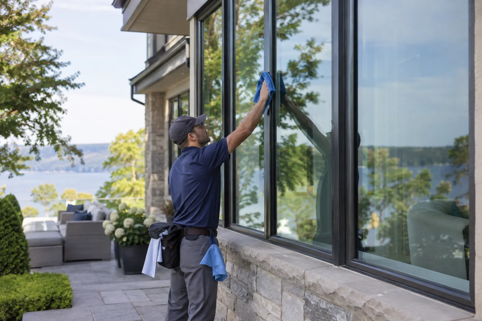 Technician performing window cleaning on tall exterior glass at an Englewood Cliffs - NJ residence
